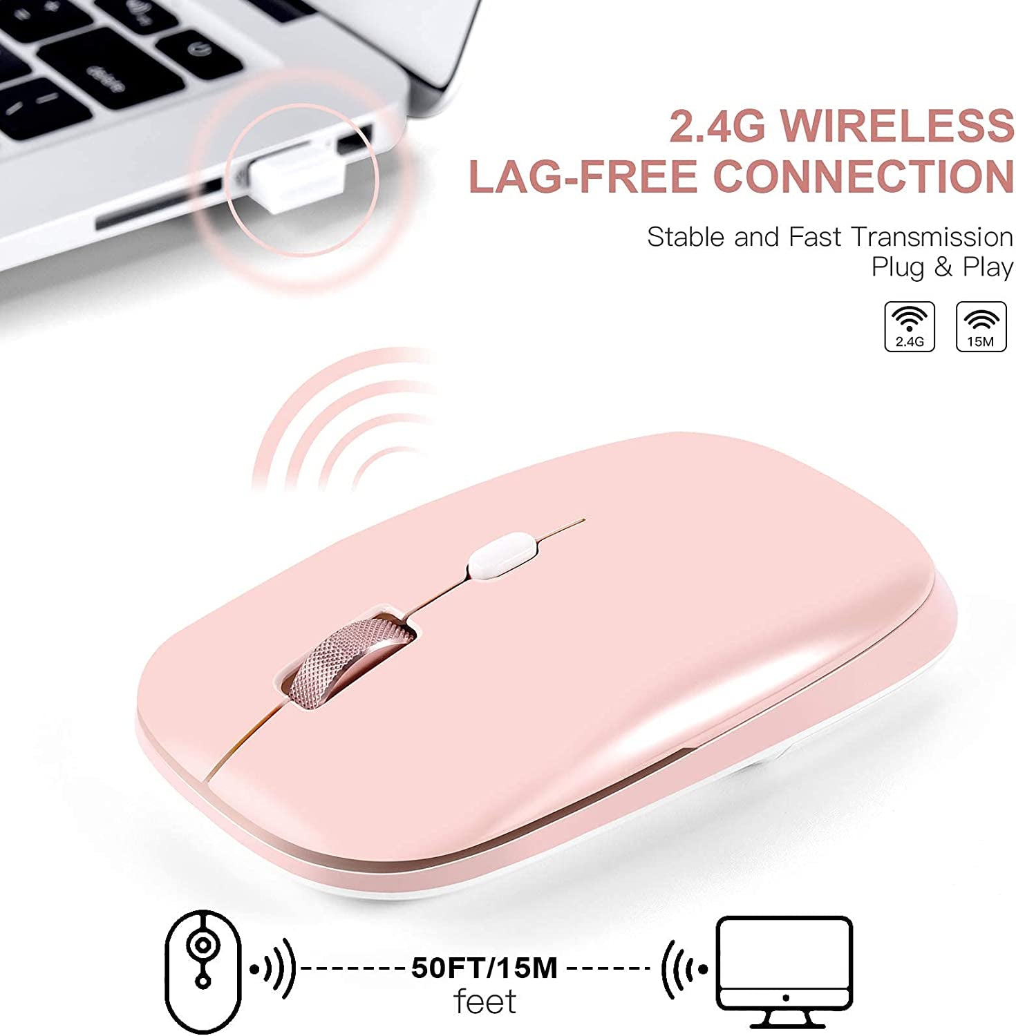 2.4G Wireless Optical Flat Mouse for Laptops, PCs, Chromebooks, and Notebooks - Ideal for Computer Bags (Pink)