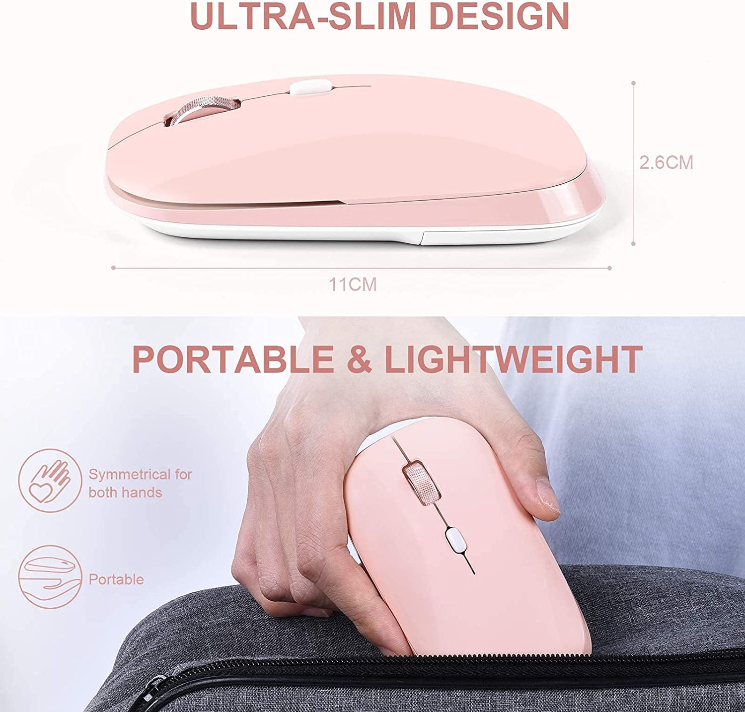 2.4G Wireless Optical Flat Mouse for Laptops, PCs, Chromebooks, and Notebooks - Ideal for Computer Bags (Pink)